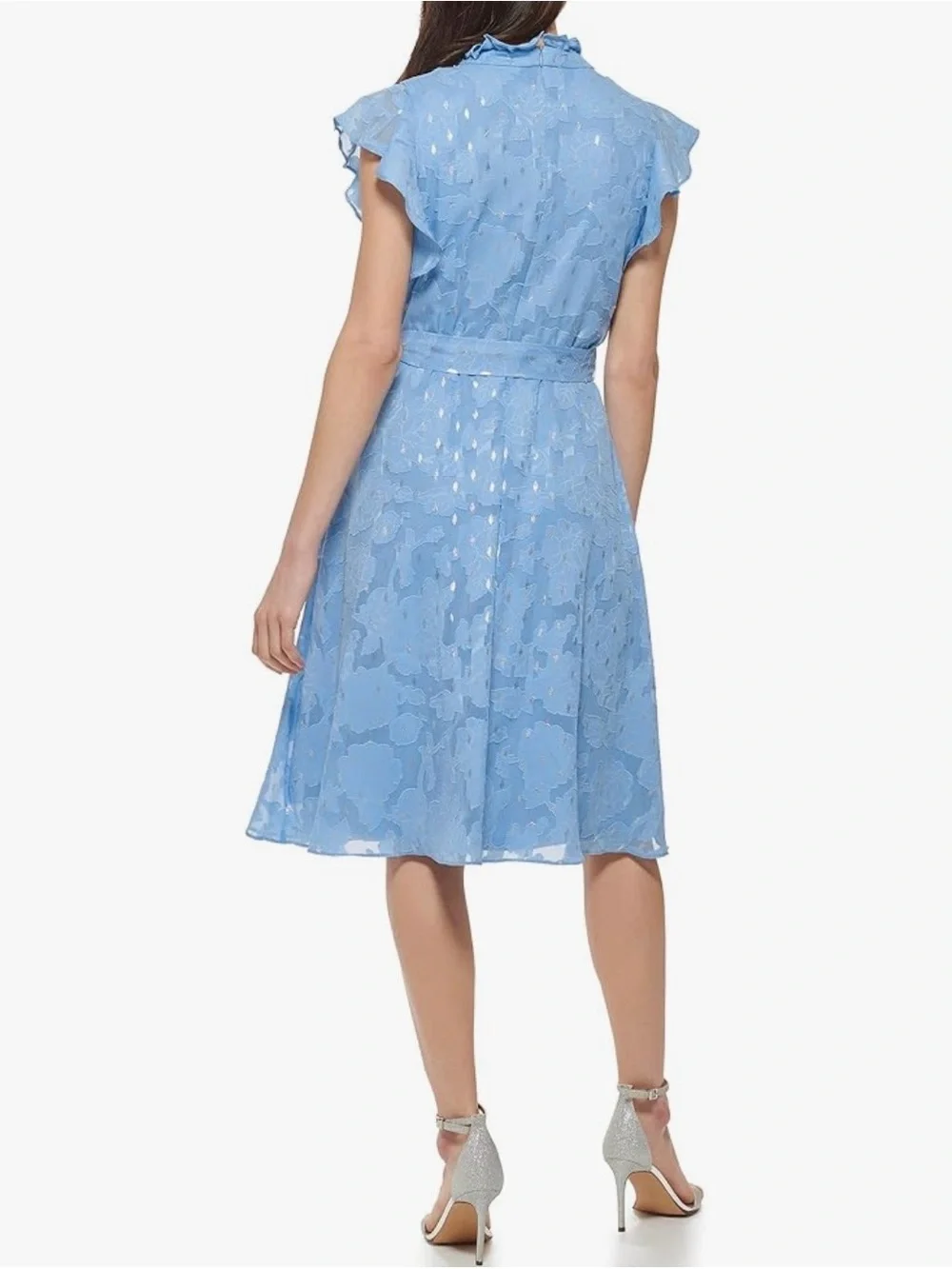 Jessica Howard Blue Chiffon Floral Shimmer Fit &Flare Midi Dress Petite NWT - Picture 4 of 6
